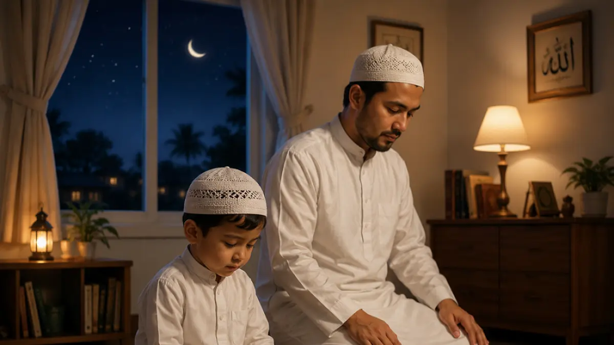 Seorang ayah sedang mengajari anaknya untuk salat tahajud di sepertiga malam 