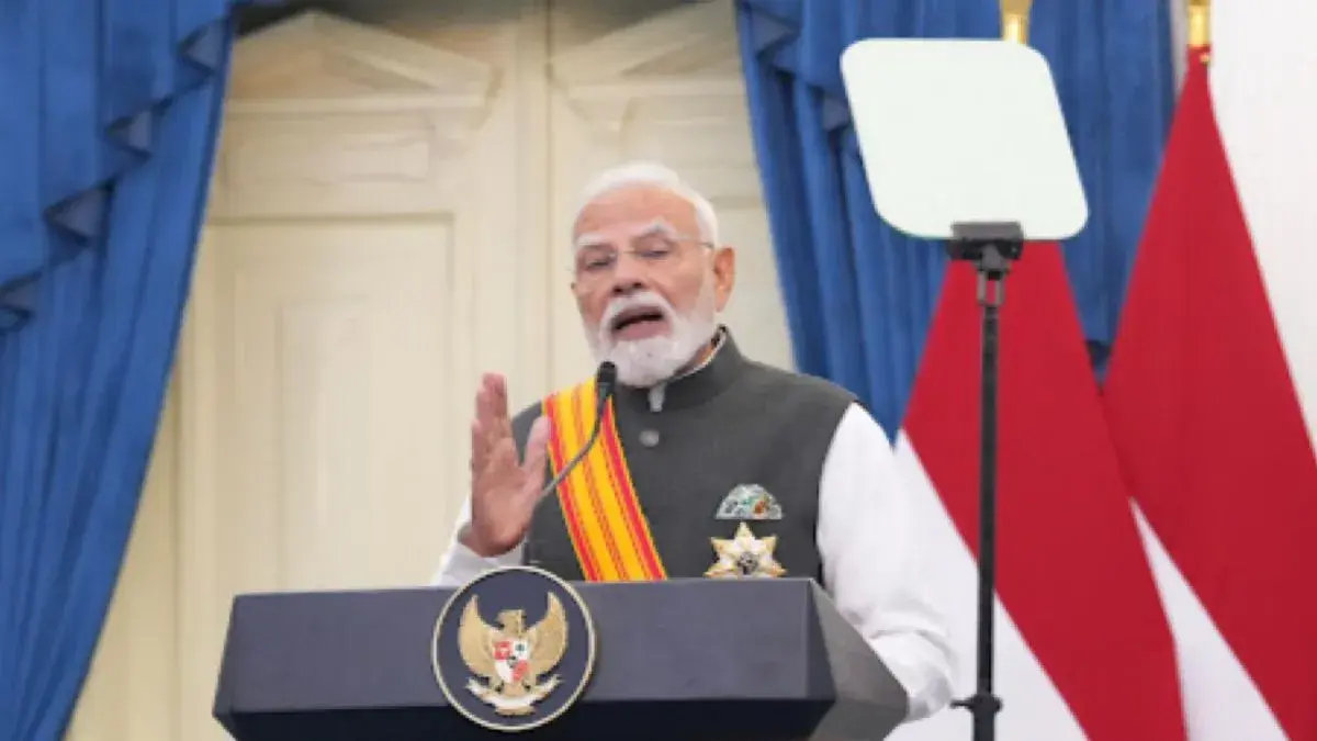 PM India Narendra Modi memberikan pernyataan bersama dalam pertemuan bilateral dengan Presiden Prabowo Subianto di Istana Merdeka, Jakarta, Selasa (7/7/2026). (ANTARA/HO-BPMI Sekretariat Presiden)