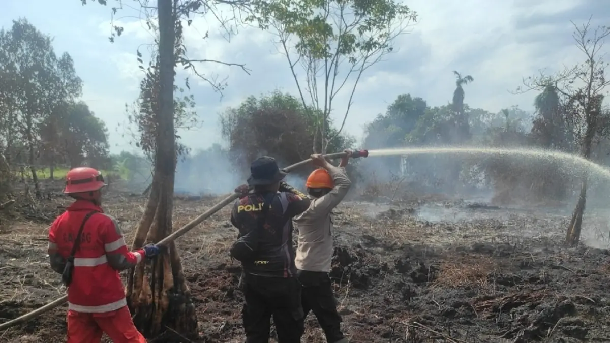 PENDINGINAN: Petugas gabungan melakukan pemadaman dan pendinginan lahan terbakar di wilayah Kabupaten Kubu Raya. Polres Kubu Raya menegaskan tidak ada toleransi bagi pelaku pembakaran hutan dan lahan serta mengintensifkan patroli selama kemarau.