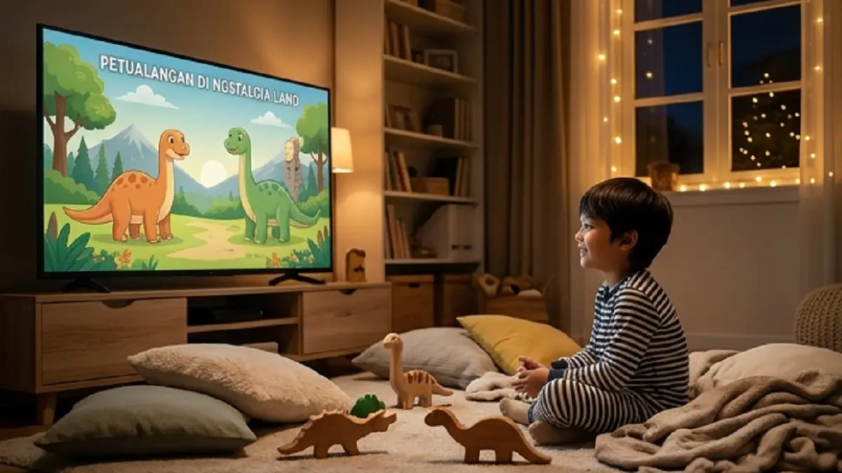 Ilustrasi anak menonton film kartun (AI)