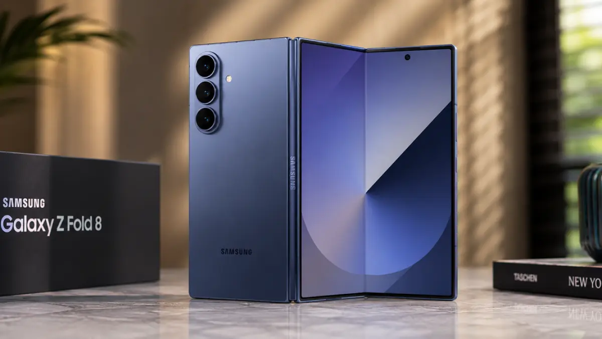 Render Galaxy Z Fold 8 memperlihatkan desain layar dalam baru dengan rasio lebih lebar untuk mendukung produktivitas.(Ilustrasi)