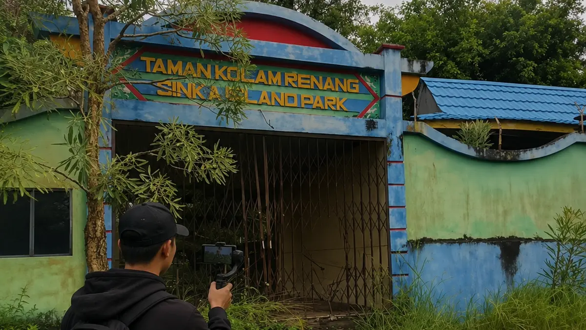 Ilustrasi area kolam renang di Sinka Island Park yang terbengkalai 