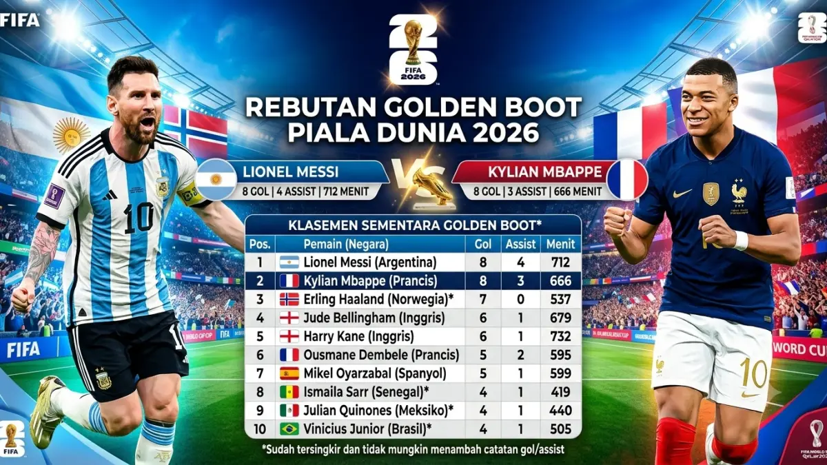Perebutan golden boot Piala Dunia 2026 bakal ditentukan di dua laga terakhir. (ILUSTRASI AI)