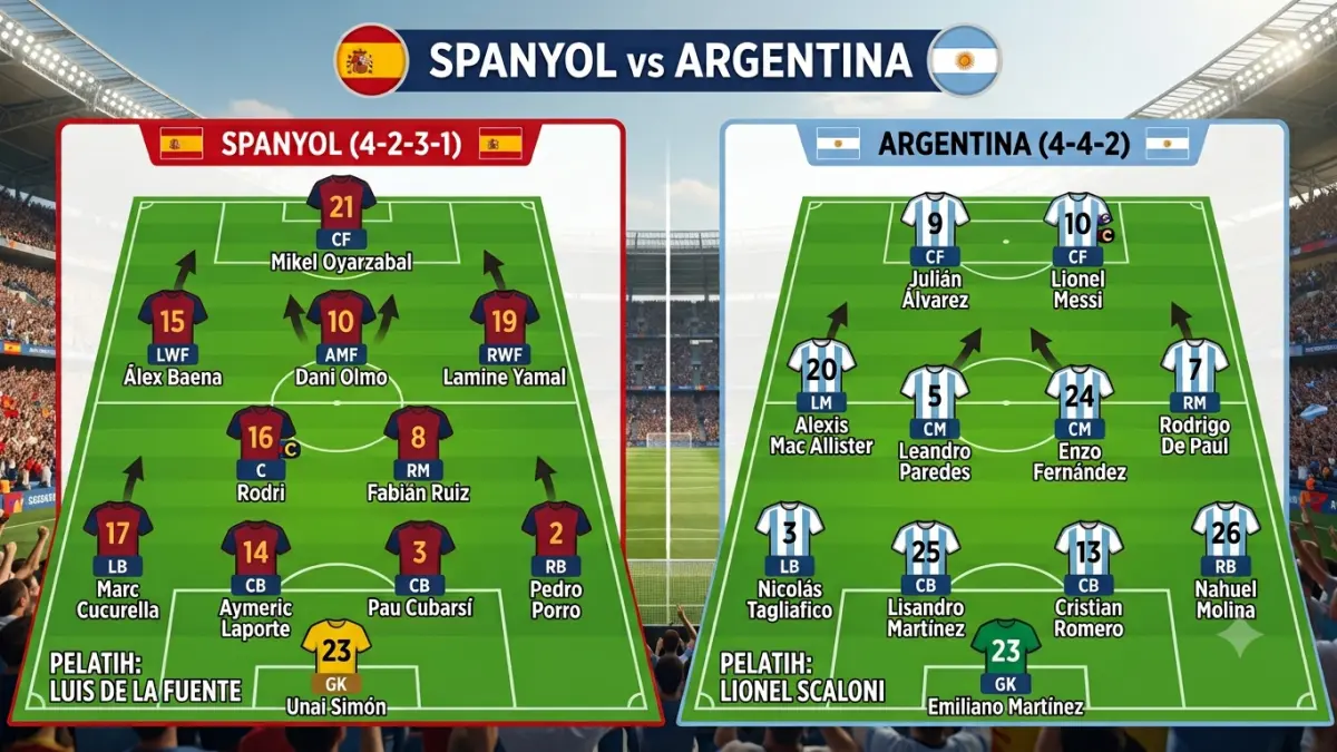 Perkiraan formasi dan susunan pemain Spanyol vs Argentina pada final Piala Dunia 2026. La Roja mengandalkan skema 4-2-3-1, sementara Albiceleste turun dengan formasi 4-4-2 bersama Lionel Messi dan Julián Álvarez di depan. Namun formasi ini hanya susunan di atas kertas. Kedua tim akan fleksibel di dalam permainan.