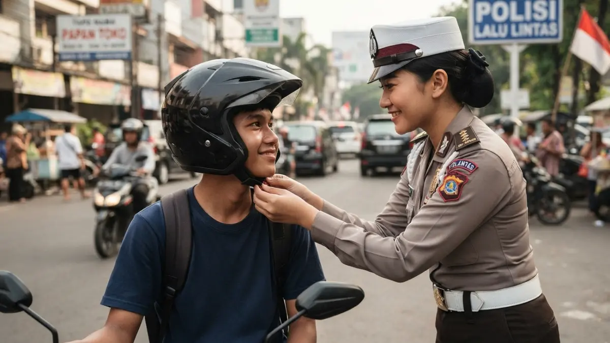 Ilustrasi s
eorang personel Polwan membantu memasangkan tali helm kepada pengendara saat memberikan edukasi keselamatan berlalu lintas. Kegiatan ini merupakan bagian dari upaya kepolisian meningkatkan kesadaran masyarakat akan pentingnya tertib berlalu lintas dan keselamatan berkendara.