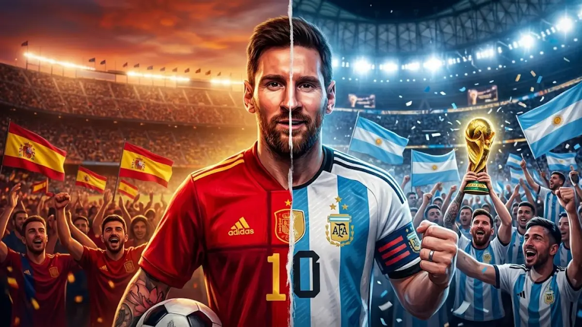 Gambar ilustrasi Lionel Messi mengenakan jersey setengah Spanyol dan setengah Argentina.