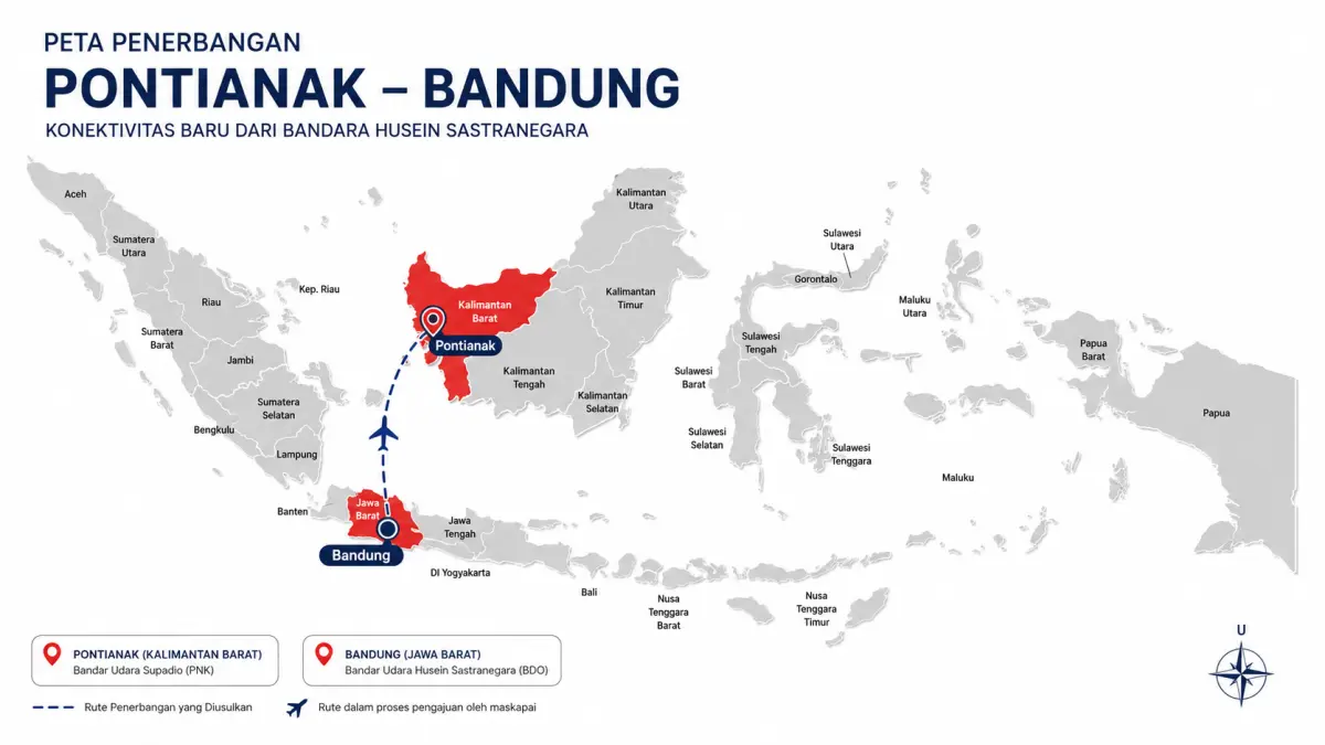 Ilustrasi peta rute penerbangan Pontianak–Bandung. Kalimantan Barat dan Jawa Barat ditandai sebagai wilayah yang berpotensi kembali terhubung melalui penerbangan langsung setelah Super Air Jet mengajukan pembukaan rute Pontianak–Bandung seiring rencana optimalisasi operasional Bandara Husein Sastranegara. Kehadiran rute ini diharapkan memperkuat konektivitas, mobilitas masyarakat, serta mendorong pertumbuhan pariwisata, perdagangan, dan investasi antara Kalbar dan Jabar.