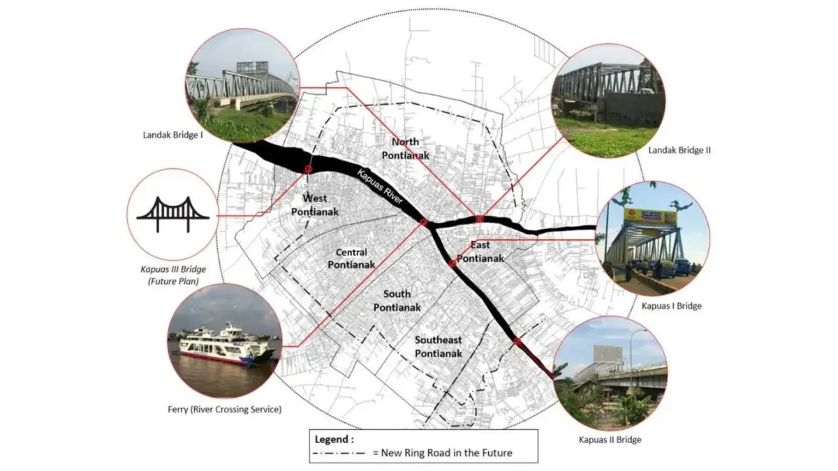 Ilustrasi rencana Pontianak Outer Ring Road (PORR) dan Jembatan Kapuas III yang saling terkoneksi. (RESEARCH GATE)