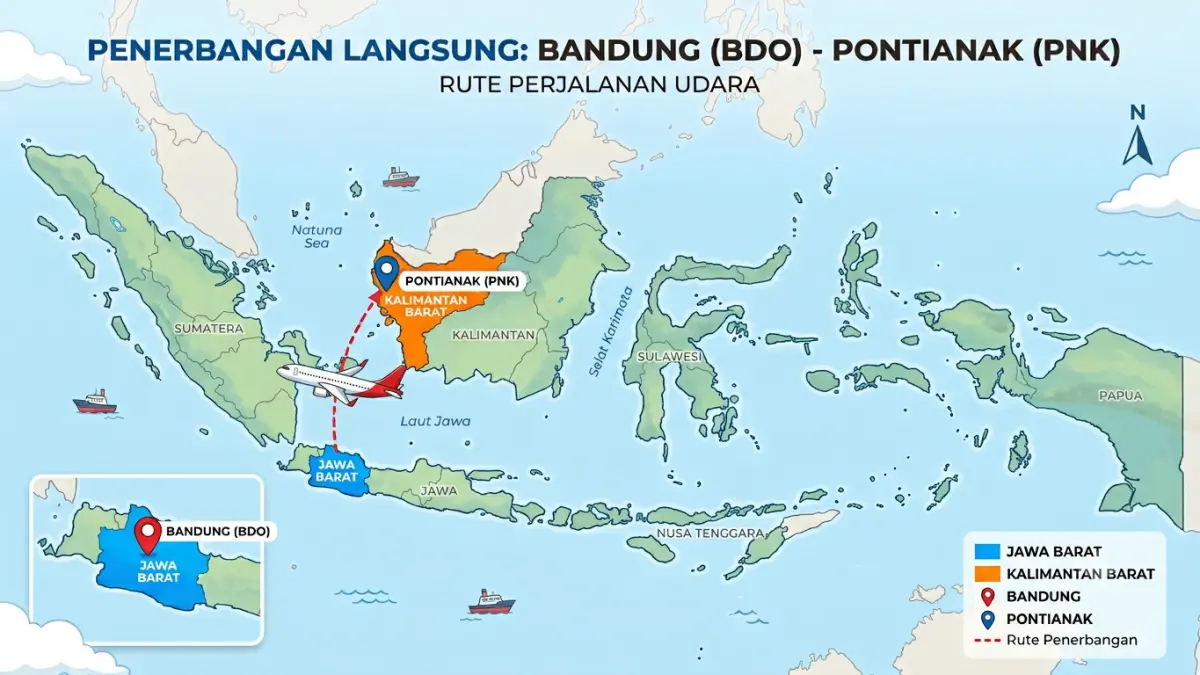 Ilustrasi rute penerbangan Pontianak - Bandung. Kehadiran rute ini diharapkan memperkuat konektivitas, mobilitas masyarakat, serta mendorong pertumbuhan pariwisata, perdagangan, dan investasi antara Kalbar dan Jabar. (ILUSTRASI AI/PONTIANAK POST)