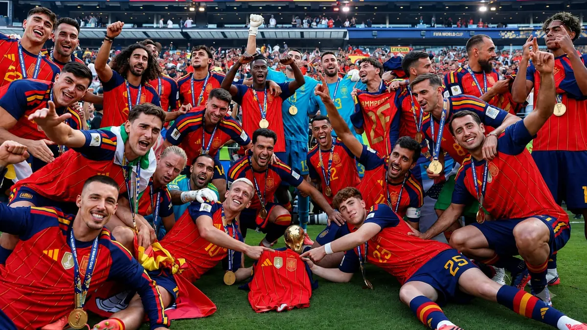 JUARA SEJATI: Skuad Spanyol berfoto bersama Trofi Piala Dunia FIFA 2026 setelah menaklukkan Argentina 1-0 pada final di Stadion New York New Jersey, Amerika Serikat, Minggu (19/7/2026) waktu setempat.   (Foto: FIFA)