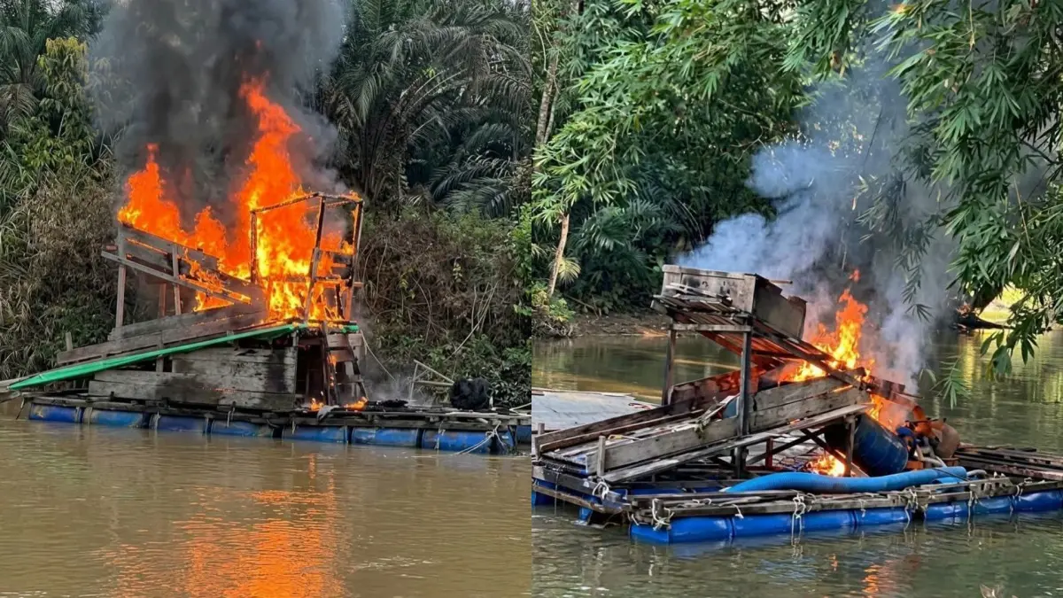 Kondisi sejumlah lanting yang dibakar massa di Sungai Boyan Desa Pampang Dua, Kecamatan Meliau, Kabupaten Sanggau pada Senin (20/7). (ISTIMEWA)