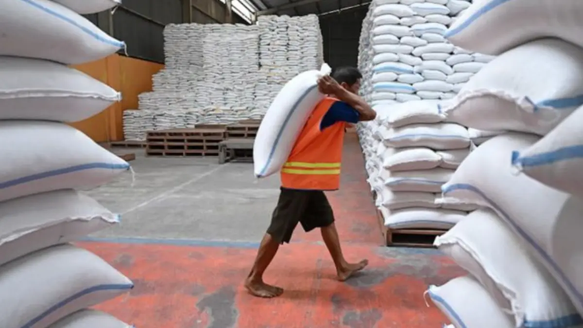 Seorang pekerja memindahkan karung beras di gudang penyimpanan Cadangan Pangan Pemerintah (CPP) sebagai bagian dari upaya menjaga stok nasional. (ANTARA/HO-Bapanas)