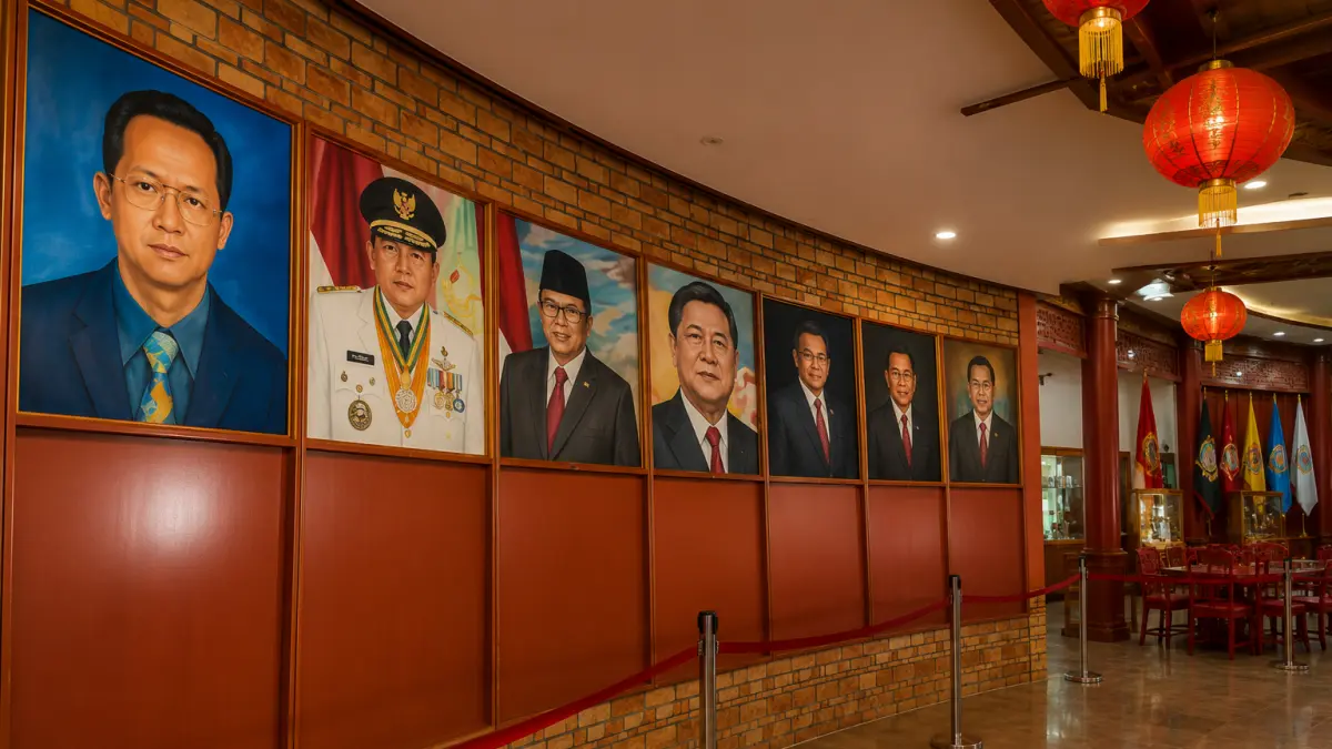 Ilustrasi di salah satu sudut Rumah Hakka yang dipajang foto-foto tokoh. Ilustrasi ini dibuat berdasarkan rekaman video akun 