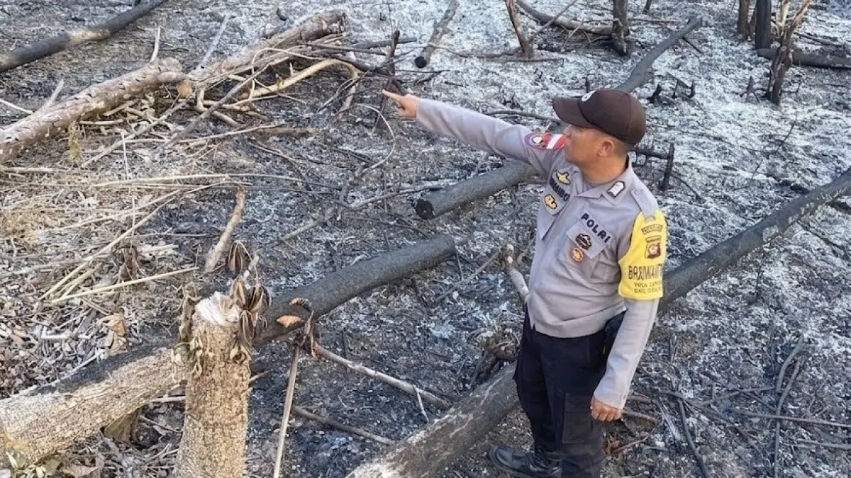 VERIFIKASI HOTSPOT: Kapolsek Sekayam AKP Dr. Sutikno bersama personel melakukan pengecekan di salah satu titik hotspot di Desa Bungkang, Kecamatan Sekayam, Kabupaten Sanggau, Rabu (22/7). Verifikasi dilakukan untuk memastikan titik panas tidak berkembang menjadi kebakaran hutan dan lahan serta meningkatkan pengawasan selama musim kemarau.