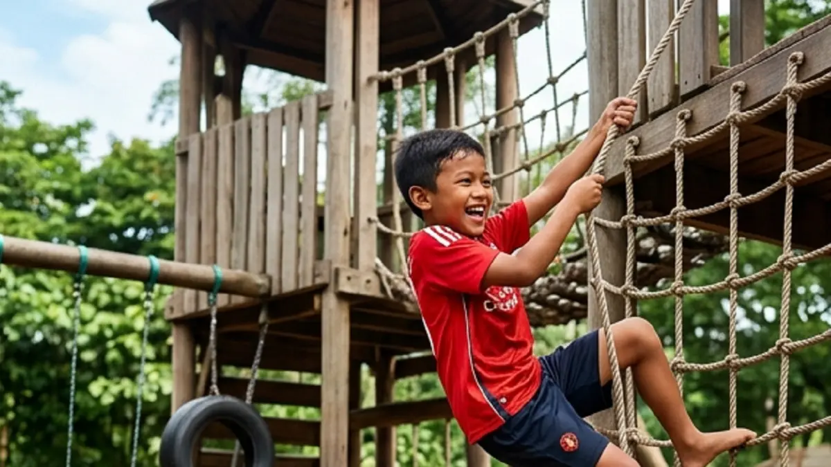 Ilustrasi anak aktif bermain di taman bermain. (AI)