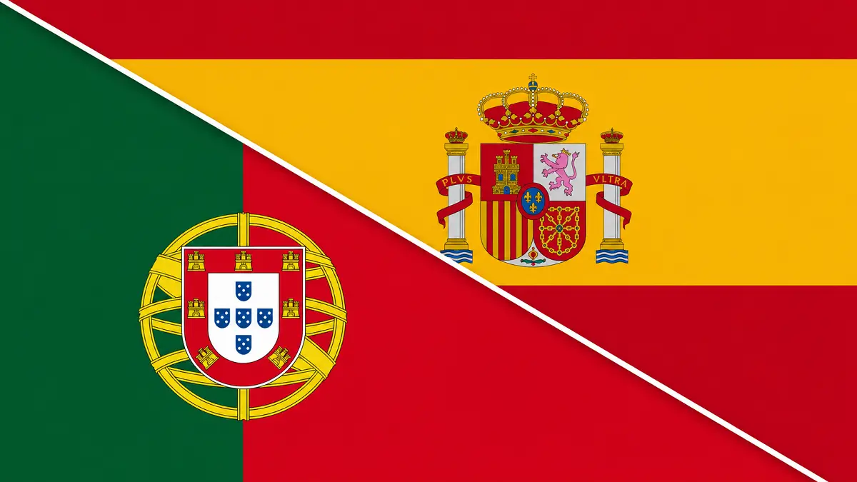 Ilustrasi bendera Portugal dan Spanyol.