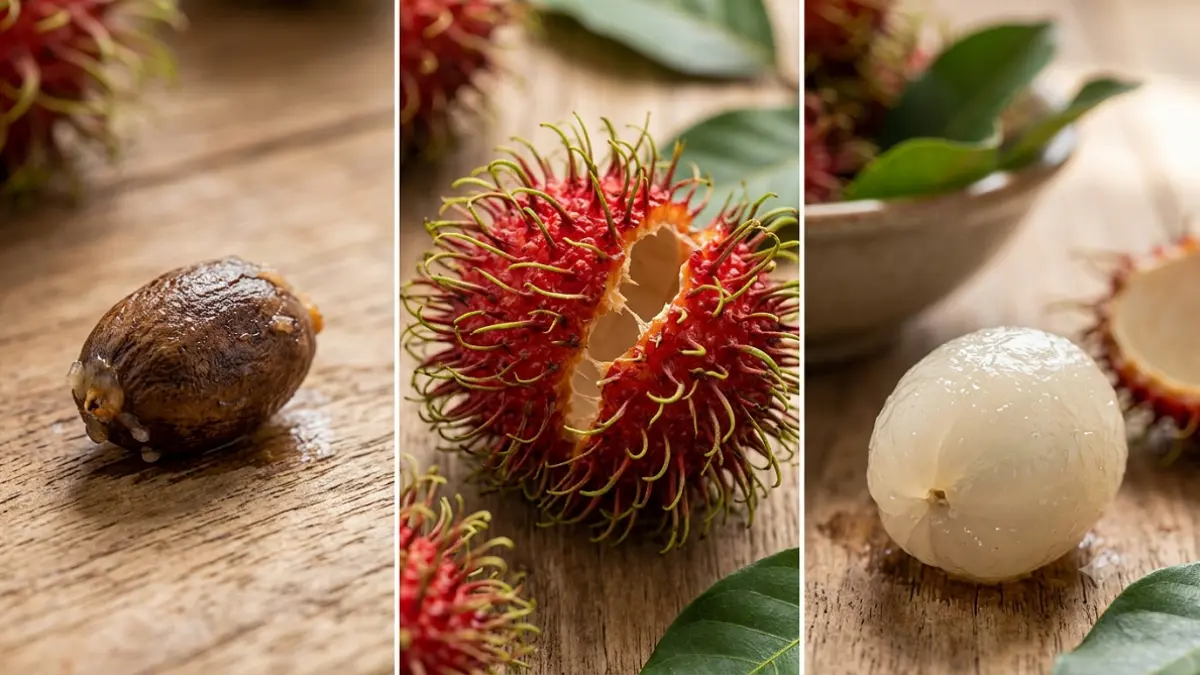 Biji, kulit, dan daging rambutan (AI)