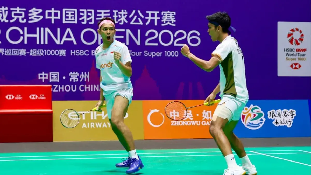 Pebulu tangkis ganda putra Indonesia Fajar Alfian/Muhammad Shohibul Fikri di babak perempat final China Open 2026 yang berlangsung di Olympic Sports Center Gymnasium, Changzhou, (24/07/2026). (ANTARA/PBSI)