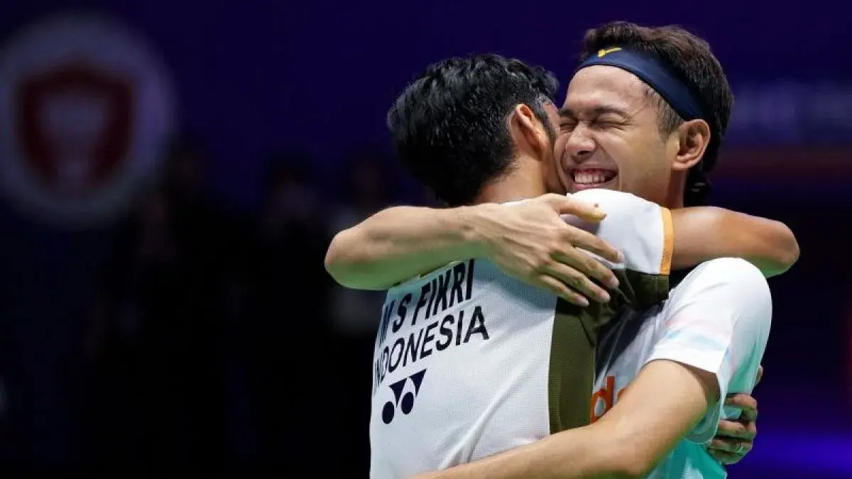 Ganda putra Indonesia Fajar Alfian/Muhammad Shohibul Fikri merayakan kemenangan dalam laga final China Open 2026 di Changzhou, Minggu (26/07/2026). (ANTARA/PBSI)