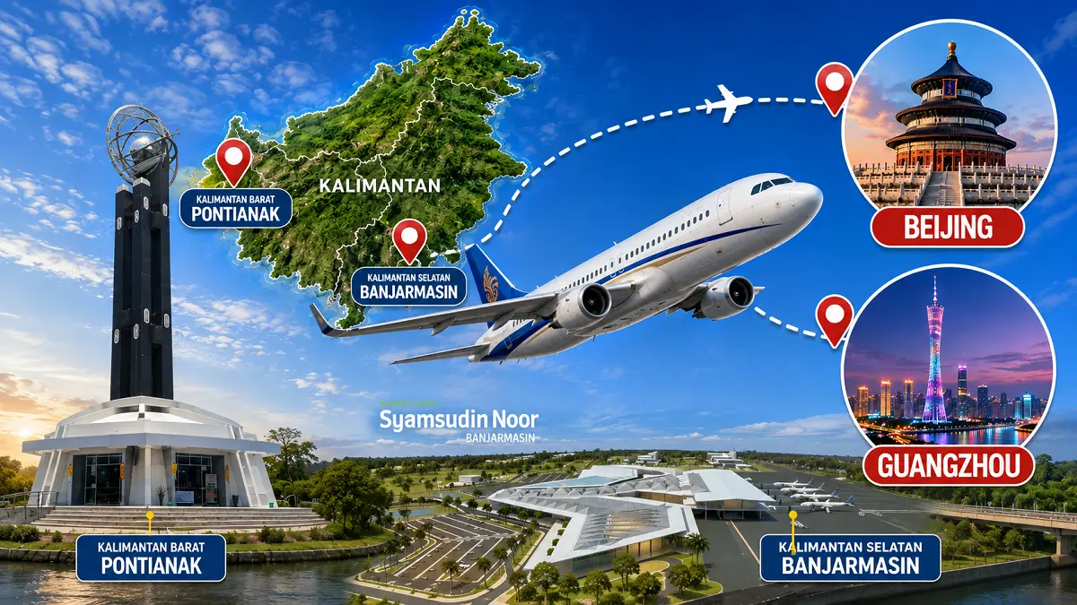 Kalimantan Barat dan Kalimantan Selatan mempercepat pembukaan rute penerbangan ke China untuk memperkuat konektivitas internasional. (Ilustrasi AI/Pontianak Post)