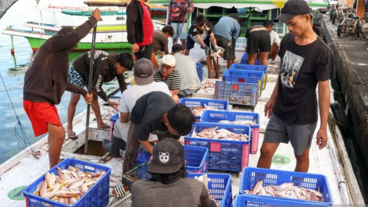 Sejumlah anak buah kapal melakukan bongkar muat ikan hasil tangkapan di Pelabuhan Pendaratan Ikan (PPI) Paotere Makassar, Sulawesi Selatan, Rabu (3/6).&nbsp; (ANTARA FOTO/ARNAS PADDA)