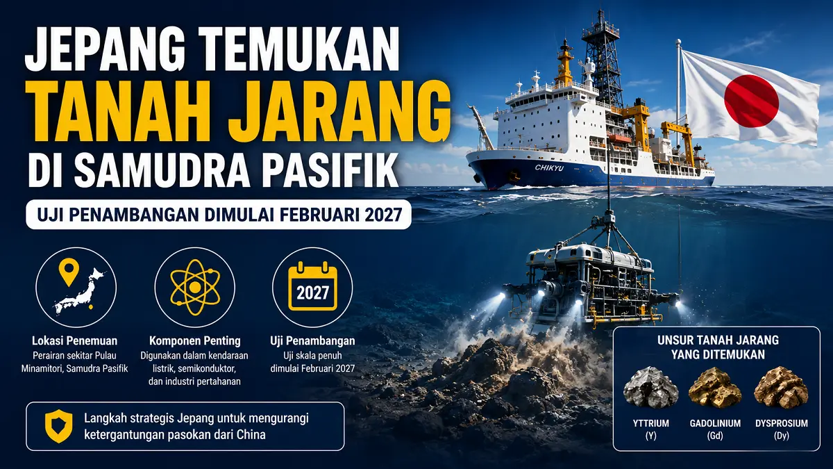Jepang mengeksplorasi dasar laut di sekitar Pulau Minamitori untuk mengembangkan sumber unsur tanah jarang strategis. (Ilustrasi: AI/Pontianak Post)