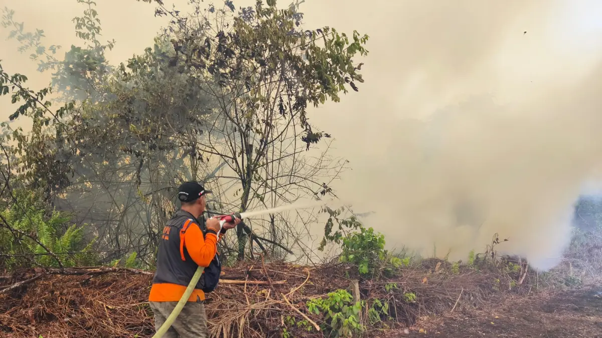 Tim BPBD Kalbar melakukan pemadaman karhutla di sekitar Kantor Dinas Pertanian Kabupaten Kubu Raya yang berdekatan dengan kawasan Bandara Internasional Supadio, Senin (27/7). 