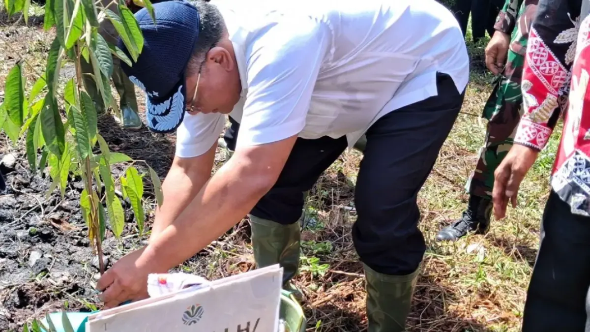 Menteri LH/Kepala BPLH Moh Jumhur Hidayat menanam bibit durian di kawasan sekat kanal yang dibangun di Desa Mendol, Kabupaten Pelalawan, Riau, Kamis (18/6/2026). ANTARA/Lintang Budiyanti Prameswari.