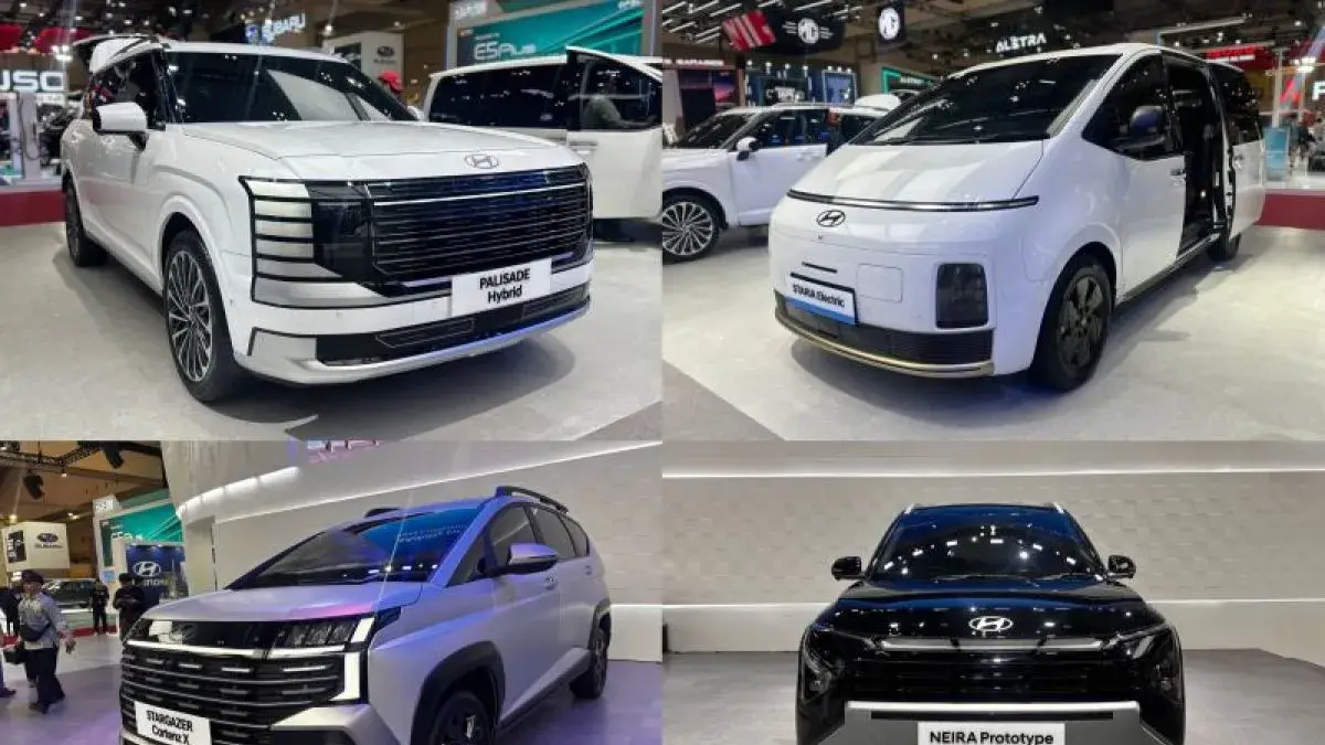 Hyundai Palisade Hybrid, Hyundai Staria Electric, Hyundai Stargazer Cartenz X, dan prototipe Hyundai NEIRA, yang dipamerkan di Gaikindo Indonesia International Auto Show (GIIAS) 2026, ICE BSD, Tangerang, Banten, Rabu (29/7/2026). (ANTARA/Pamela Sakina)