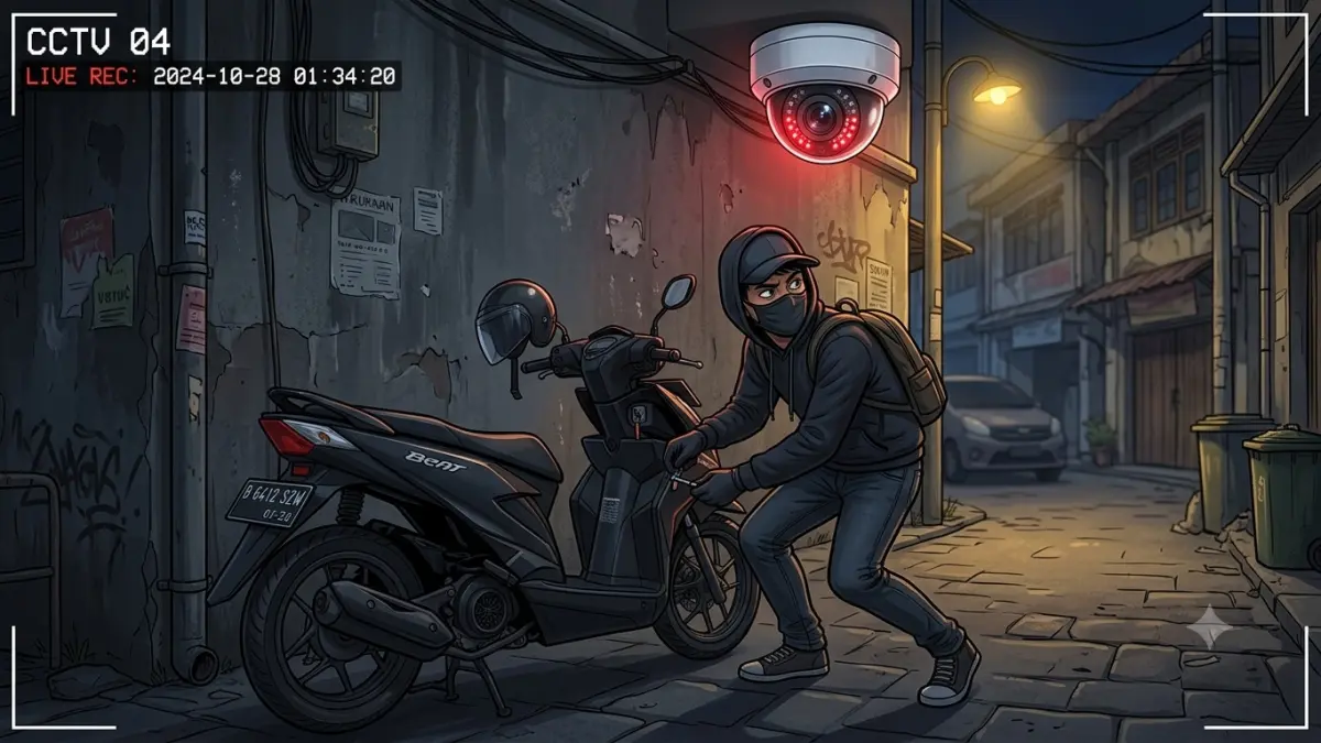 Ilustrasi pelaku pencurian sepeda motor terekam CCTV. (ILUSTRASI AI/PONTIANAK POST)