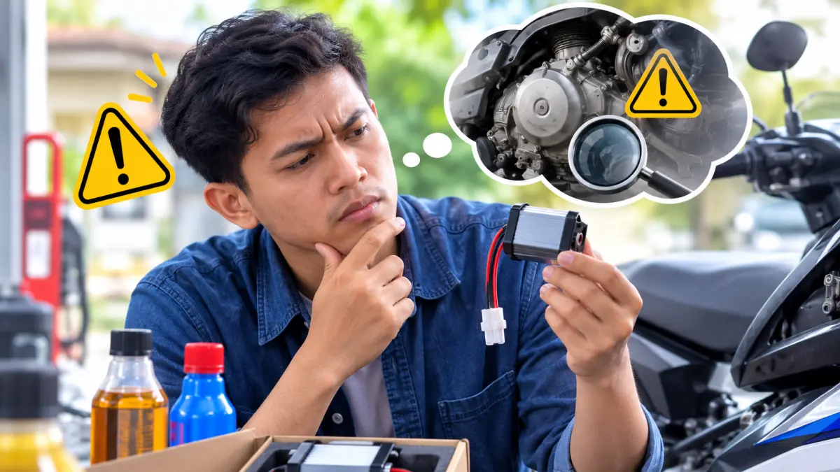 Ilustrasi pengendara motor sedang memperhatikan secara detail alat penghemat bbm 