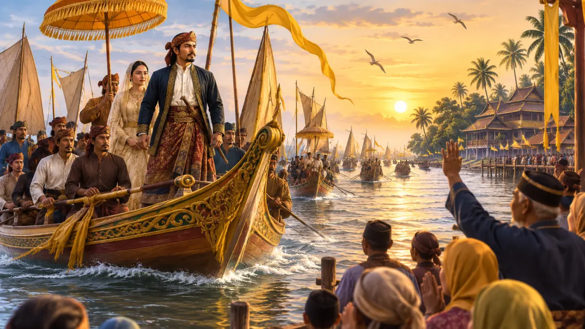 Ilustrasi kedatangan 40 perahu ke Mempawah yang dipimpin oleh Opu Daeng  Manambon  