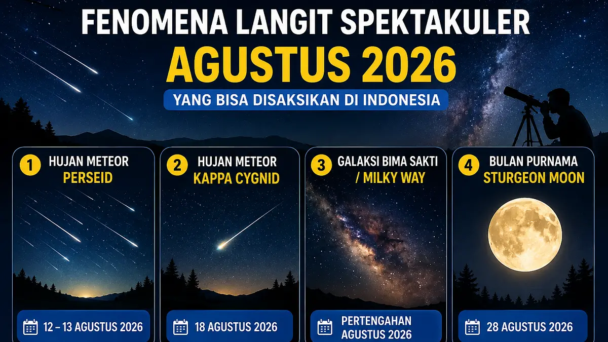 Hujan Meteor Perseid menjadi fenomena langit paling dinantikan di Indonesia sepanjang Agustus 2026 dengan potensi hingga 100 meteor per jam. (AI)