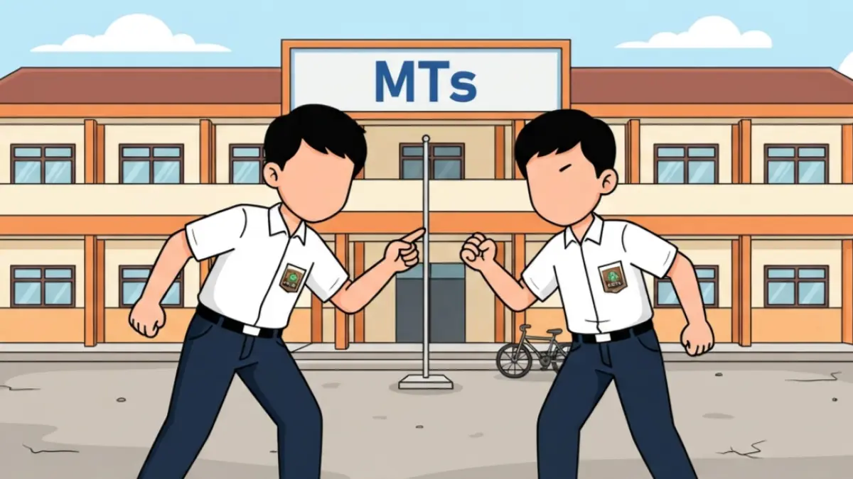 Ilustrasi siswa MTs terlibat aksi saling ejek yang berujung dugaan perundungan. Kasus serupa menjadi perhatian karena dapat berdampak serius terhadap keselamatan fisik dan psikologis anak di lingkungan sekolah.