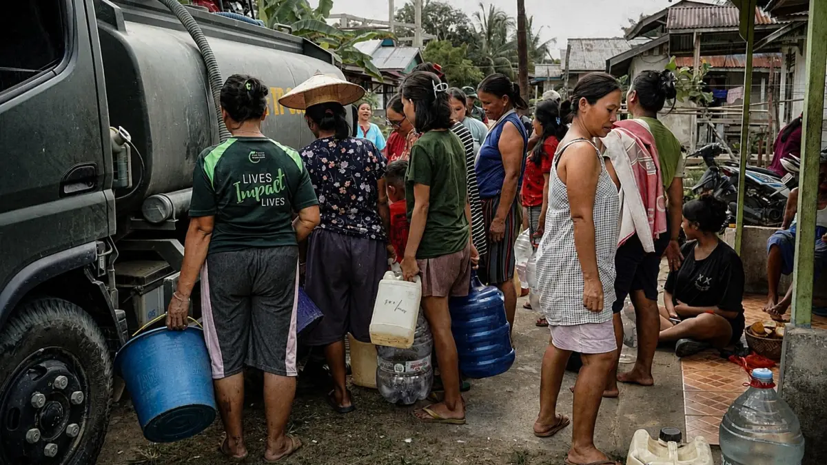 ANTRE AIR BERSIH: Warga Desa Entakai, Kecamatan Kapuas, Kabupaten Sanggau, antre air berseih dengan membawa jeriken, gallon, hingga ember, Senin (3/8). Bantuan 5.000 liter air dari TNI Manunggal Air Bersih disambut warga yang sangat membutuhkan.   (IST)