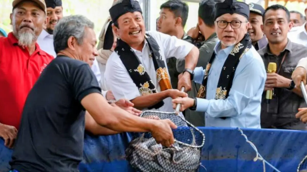 Menteri Koordinator Bidang Pangan Zulkifli Hasan (ketiga kanan) bersama Menteri Kelautan dan Perikanan Sakti Wahyu Trenggono (tengah) menangkap hasil panen lele saat meninjau budi daya bioflok Koperasi Desa Merah Putih (KDMP) Kamolan di Blora, Jawa Tengah. (ANTARA/Kementerian Koordinator Bidang Pangan)