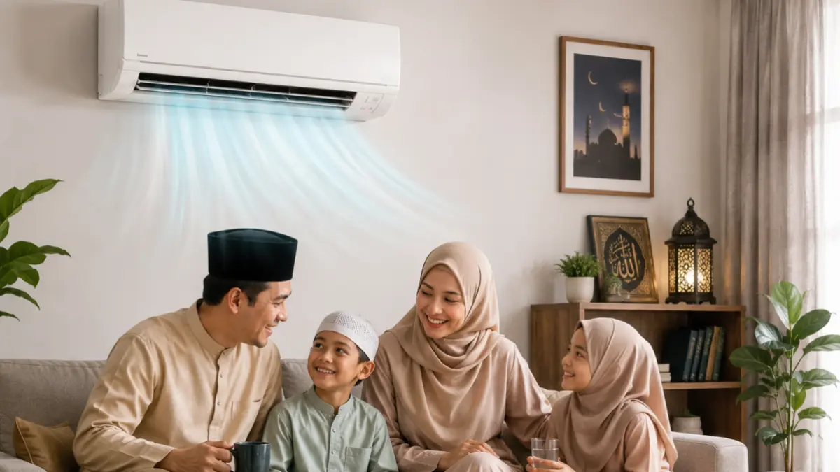Ilustrasi keluarga muslim sedang bercengkerama di ruangan dengan AC yang memiliki banyak manfaat 