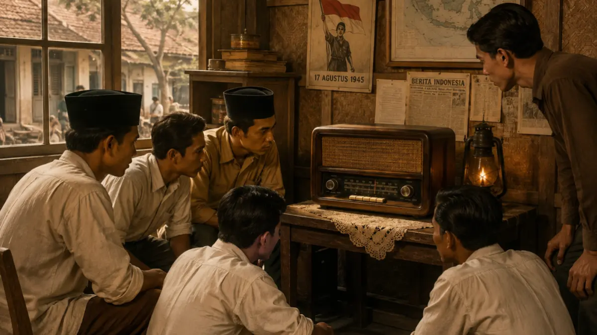 Ilustrasi para pemuda tahun 1945 di Pontianak mendengarkan siaran tentang Indonesia Merdeka melalui radio 