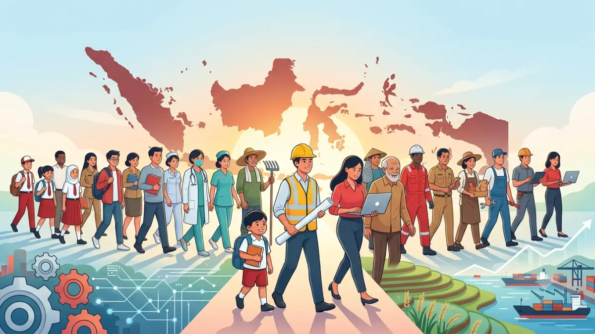 Ilustrasi Penduduk Indonesia menembus 290,1 juta jiwa pada 2026, sementara mayoritas berada di usia produktif. Bonus demografi menjadi peluang emas sekaligus tantangan bagi pemerintah dalam menciptakan lapangan kerja dan meningkatkan kualitas sumber daya manusia menuju Indonesia Emas 2045.