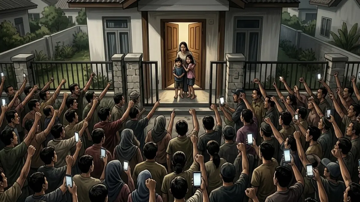 Ilustrasi rumah wartawan di Ketapang digeruduk karyawan dapur MBG. (ILUSTRASI AI)
