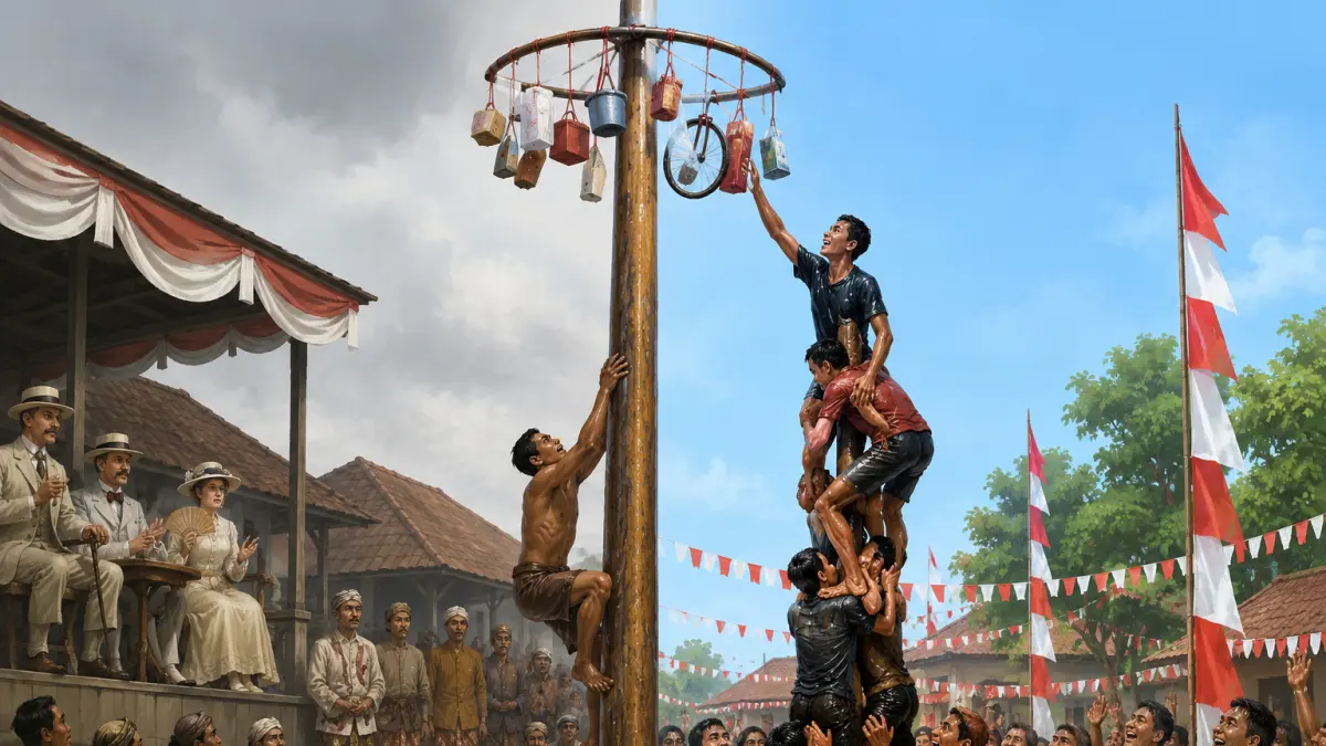 Ilustrasi sejarah panjat pinang yang berawal dari tontonan untuk menghibur penjajah Belanda    