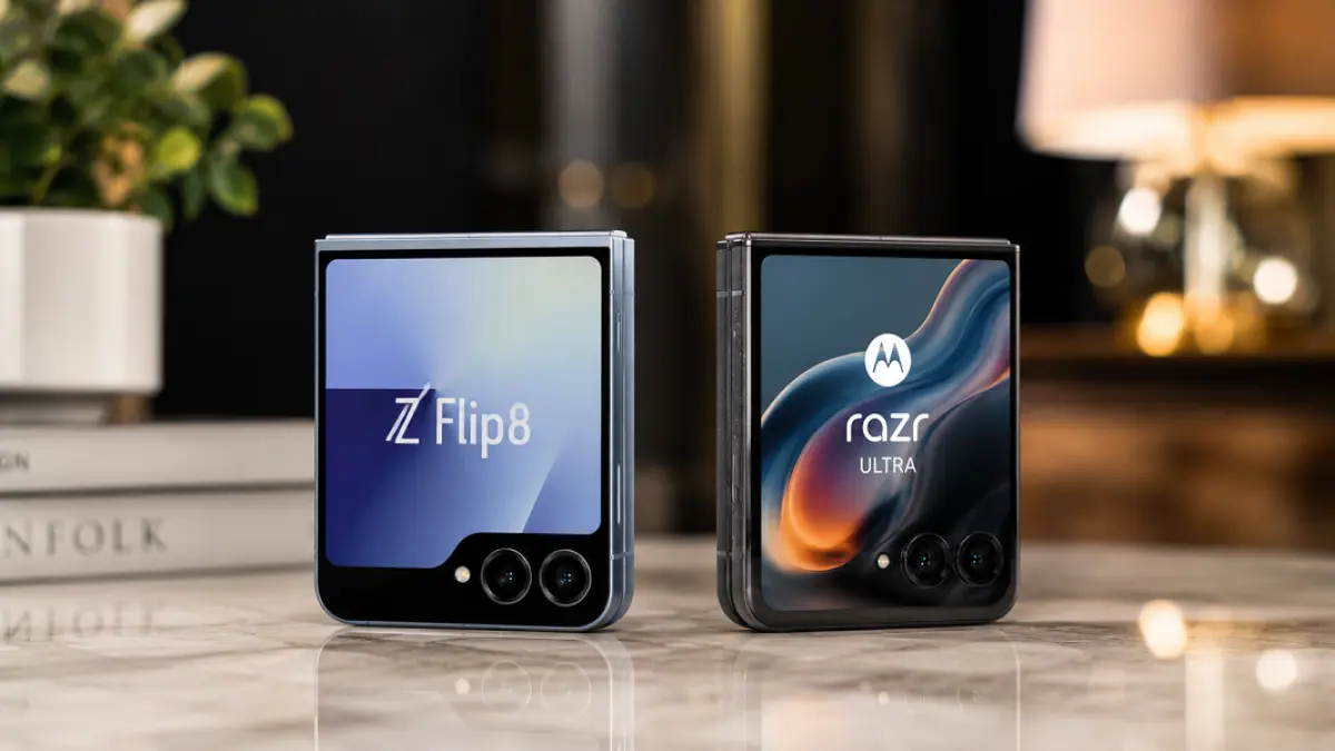 Samsung Galaxy Z Flip 8 dan Motorola Razr 60 Ultra menjadi dua pesaing utama di pasar ponsel lipat premium.(Ilustrasi)