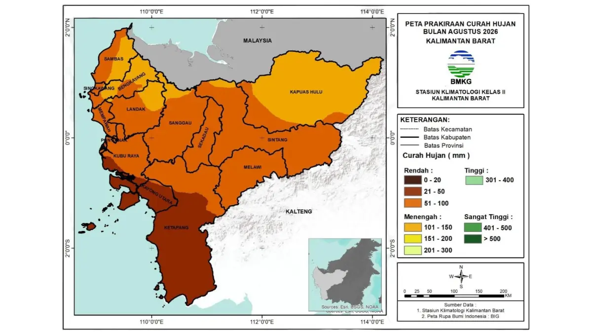 Peta prakiraan curah hujan di Kalimantan Barat pada Agustus 2026. Seluruh wilayah Kalbar diprediksi mengalami curah hujan rendah pada 10-16 Agustus 2026. (BMKG)