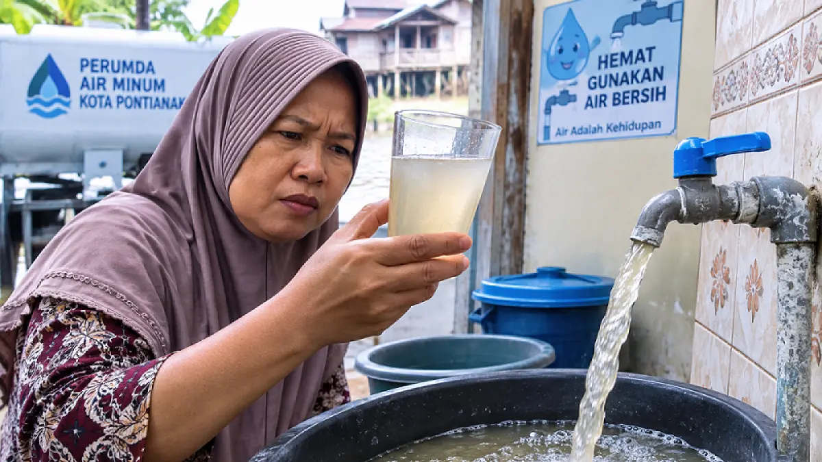 Ilustrasi- Warga mengecek air PDAM Pontianak yang kini payau akibat sumber air baku terintrusi air laut. (AI)  