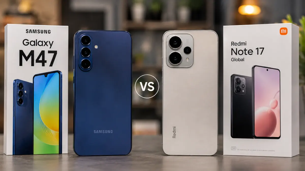 Samsung Galaxy M47 dan Redmi Note 17 Global menawarkan keunggulan berbeda di kelas smartphone menengah.(Ilustrasi)