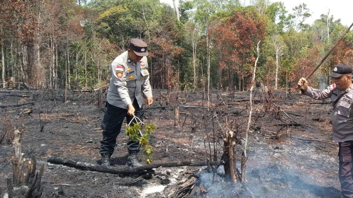 Polsek Ambalau Polres Sintang melakukan ground check terhadap dua titik hotspot yang terdeteksi di Desa Buntut Pimpin, Kecamatan Ambalau, Kabupaten Sintang, Selasa (11/8/2026). (Humas Polri)