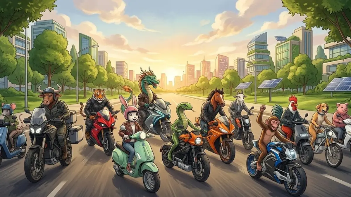 ILUSTRASI: 12 hewan shio mengendarai motor listrik sesuai karakter dan gaya berkendara masing-masing.