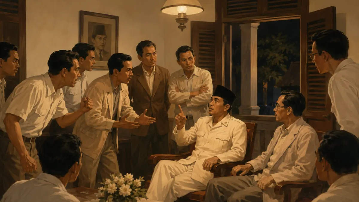 Ilustrasi suasana ketegangan di kediaman Soekarno  Jalan Pegangsaan Timur No. 56 menjelang Proklamasi. 