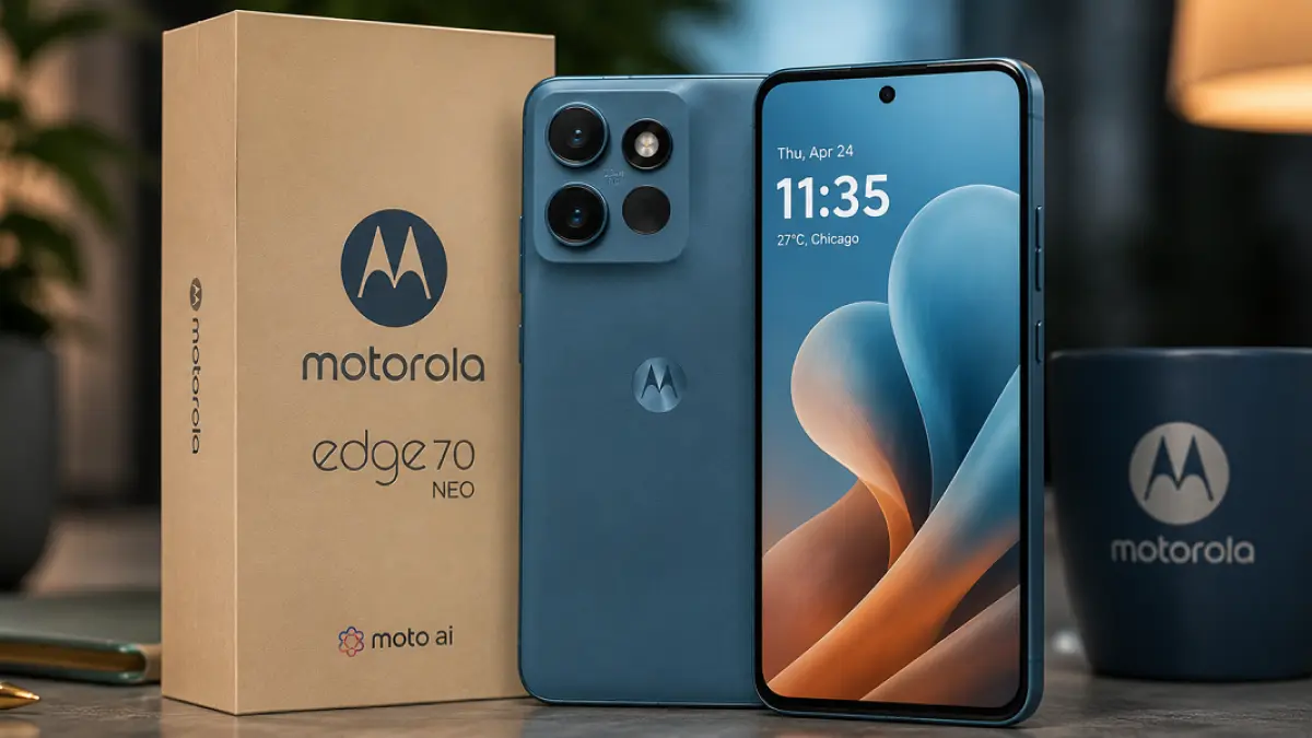 Render Motorola Edge 70 Neo memperlihatkan desain kompak dengan kamera utama 200 MP dan empat pilihan warna. (Ilustrasi)
