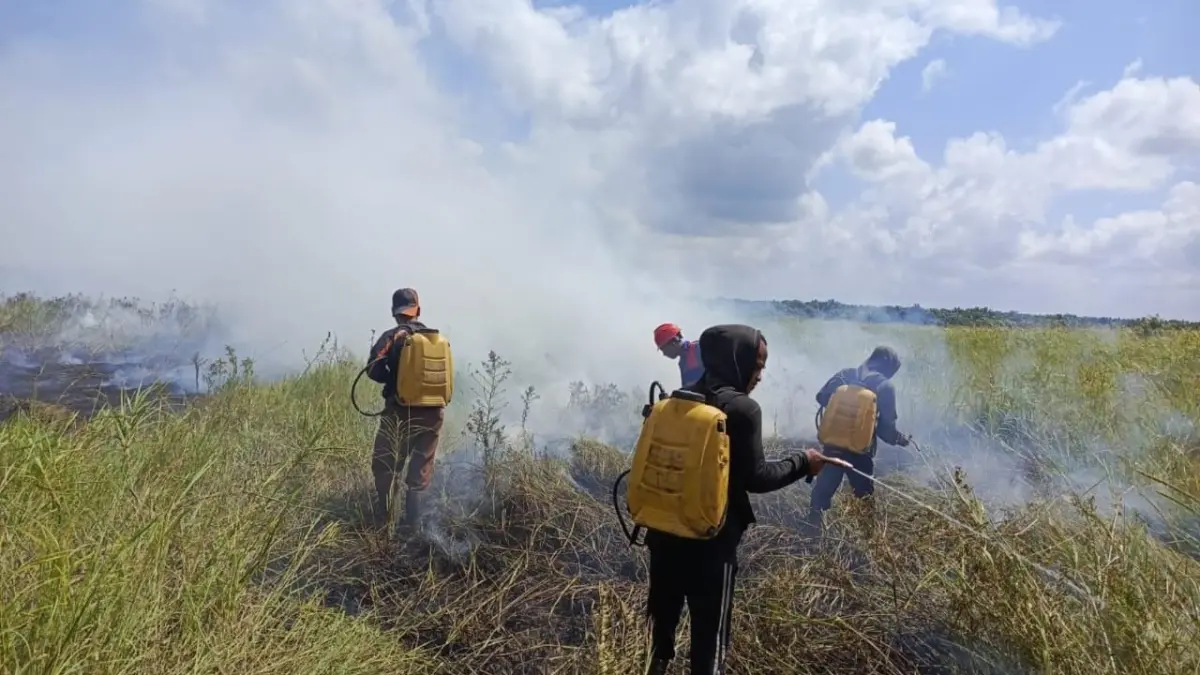 Tim gabungan memadamkan kebakaran hutan dan lahan di kawasan Cagar Alam Muara Kendawangan, Desa Pembedilan, Kabupaten Ketapang, Kamis (13/8/2026).